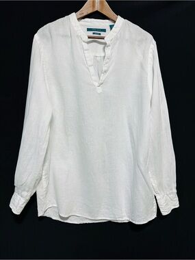 PERRY ELLIS White Linen Popover Tunic Shirt Coastal Minimalist Resort